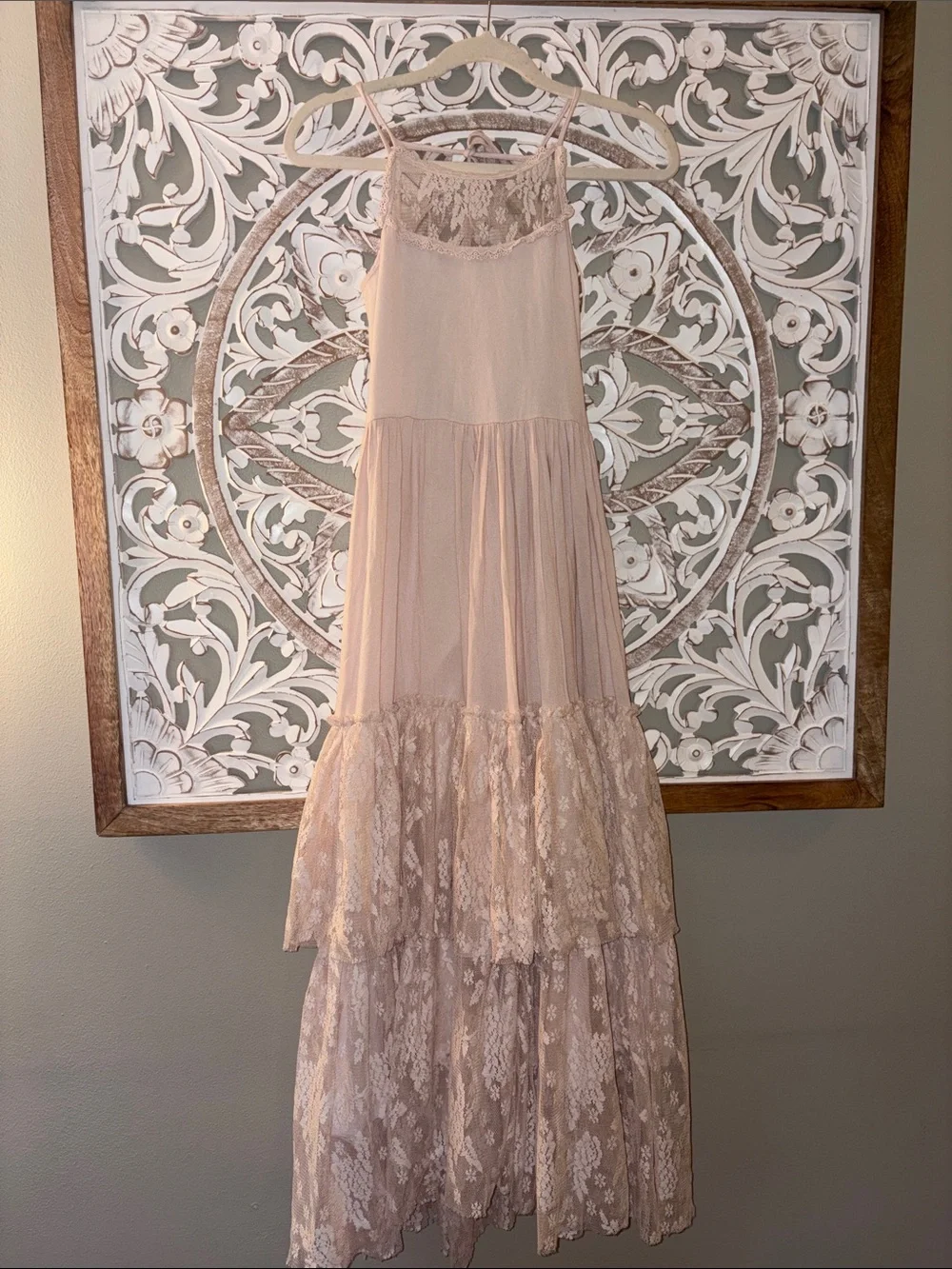 Joyfolie Mia Joy Catrin Boho Lace Tiered Maxi Chiffon Dress Blush sz 12 EUC